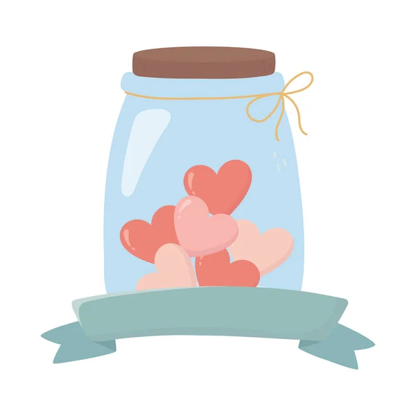 Happy valentines day jar glass hearts love ribbon decoration — Vector de stock