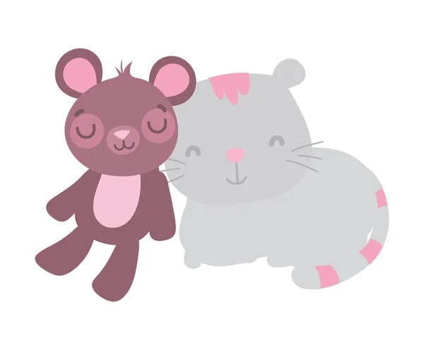 Cute toys kids gray cat and teddy bear — Vetor de Stock