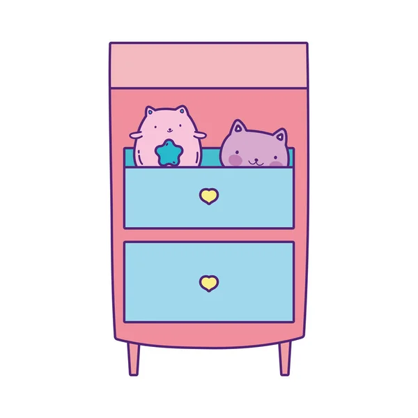 Wooden drawers with toys cats on white background — Vector de stock