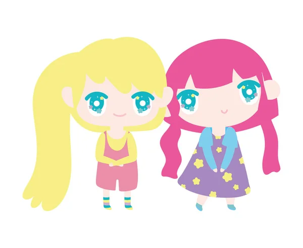 Kids, cute little girls anime cartoon characters — Stock Vector