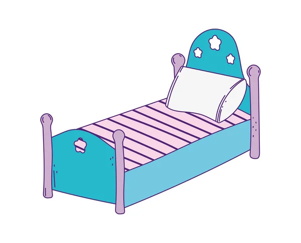 Cute bed with pillow and striped blanket — Vector de stock