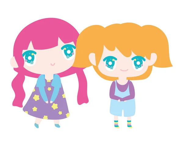 Kids, cute little girls anime cartoon characters — 스톡 벡터