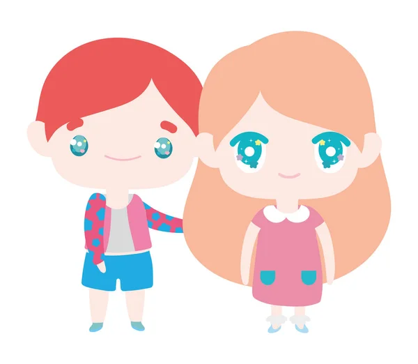 Kids, little girl and boy anime cartoon characters — Stock vektor