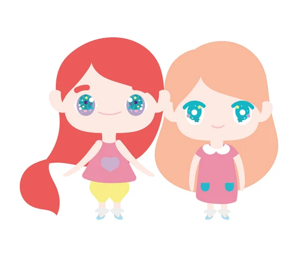 Kids, cute little girls anime cartoon characters — 图库矢量图片
