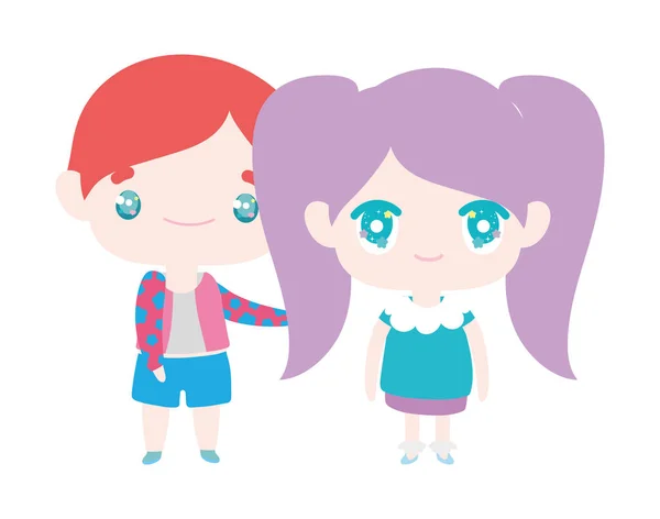 Kids, little girl and boy anime cartoon characters — Stock Vector