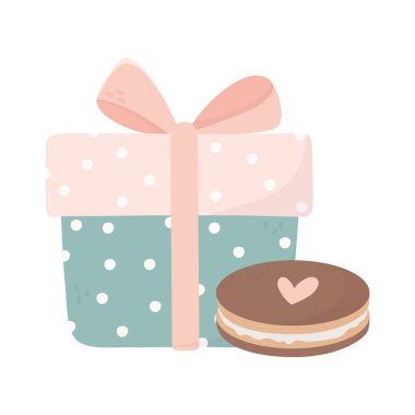 happy valentines day wrapped gift box and sweet cookie