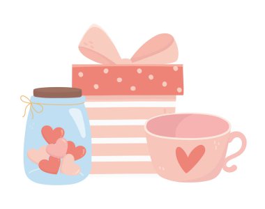 happy valentines day gift box coffee cup and jar glass heart love card