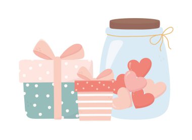 happy valentines day gift boxes and jar glass with hearts love