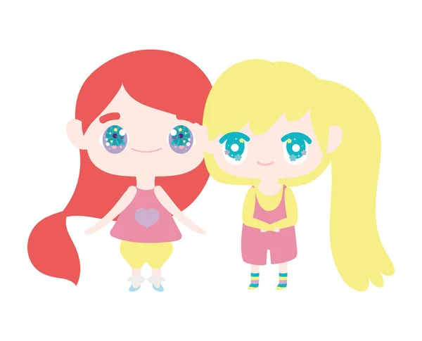 Kids, cute little girls anime cartoon characters — Stockový vektor