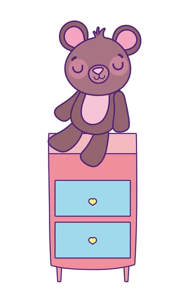 Cute teddy bear sitting on drawers furniture — 图库矢量图片