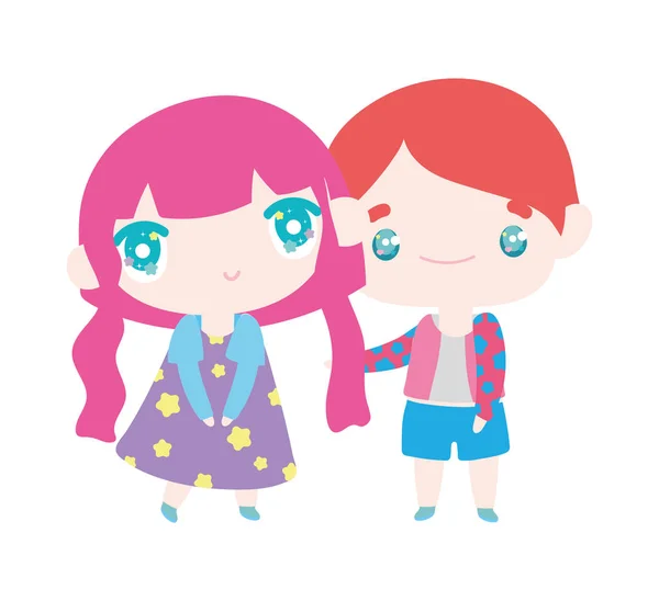 Kids, little girl and boy anime cartoon characters — 图库矢量图片