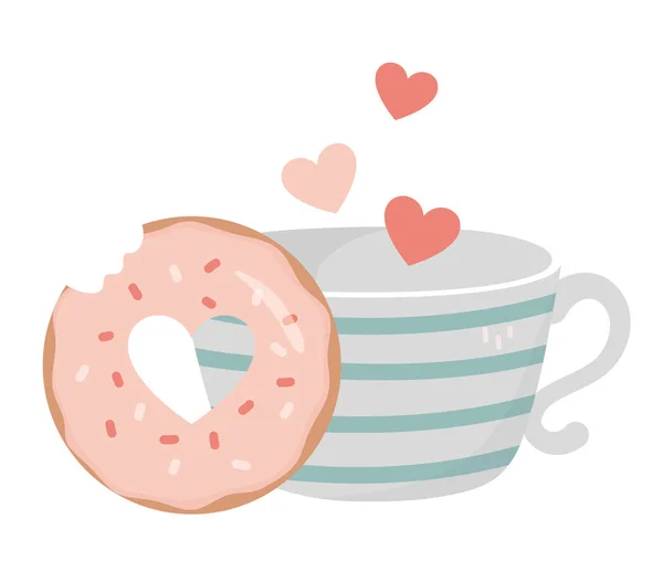 Χαρούμενη ημέρα του Αγίου Βαλεντίνου γλυκό δάγκωμα ντόνατ και καρδιές φλιτζάνι καφέ — Διανυσματικό Αρχείο