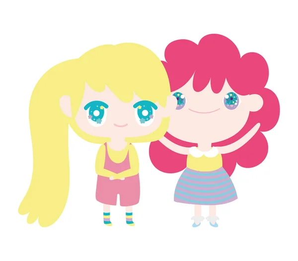 Kids, cute little girls anime cartoon characters — 스톡 벡터