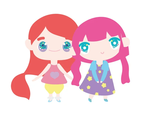 Kids, cute little girls anime cartoon characters — 스톡 벡터