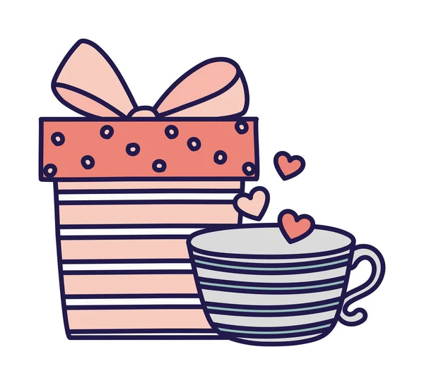 Happy valentines day gift box and striped coffee cup hearts love — Stock Vector