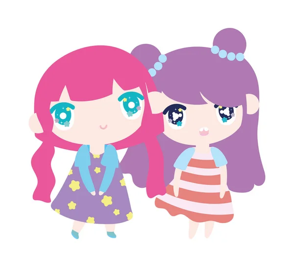 Kids, cute little girls anime cartoon characters — Stockvector