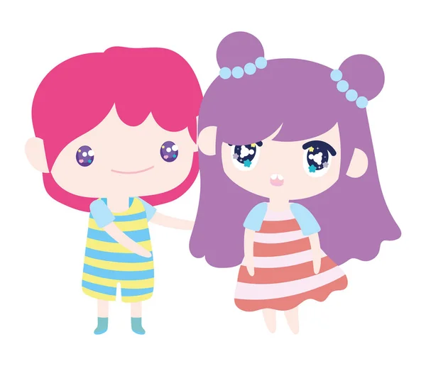 Kids, little girl and boy anime cartoon characters — Vector de stock