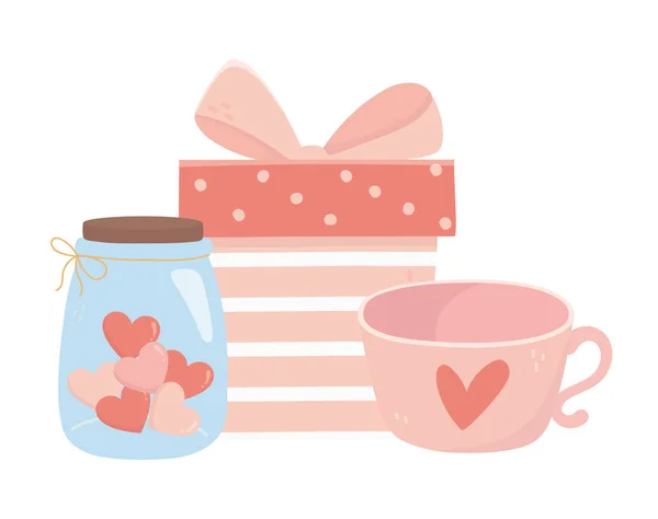 Happy valentines day gift box coffee cup and jar glass heart love card — Vector de stock