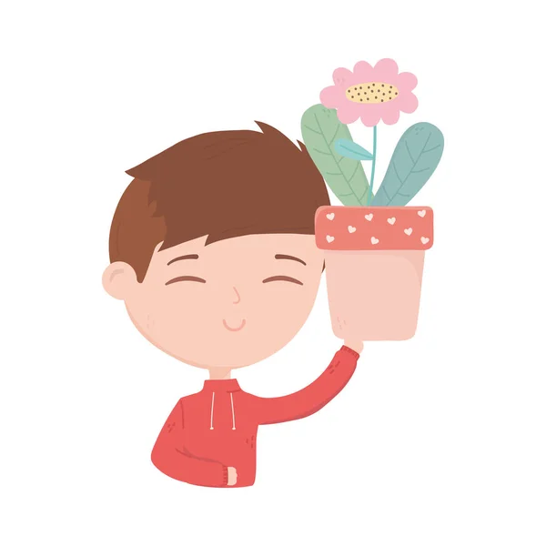 Smiling young man holding flower in pot portrait — Stock Vector