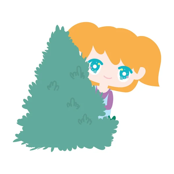 Kids, little girl anime cartoon behind bush foliage forest — Stock Vector