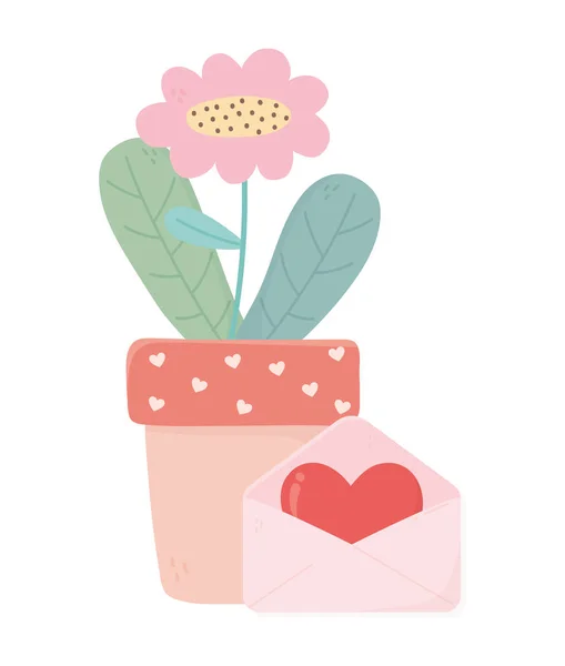 幸せなバレンタインデー鉢植えの花の封筒メッセージ愛の心 — ストックベクタ
