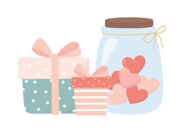 Happy valentines day gift boxes and jar glass with hearts love — Vector de stock