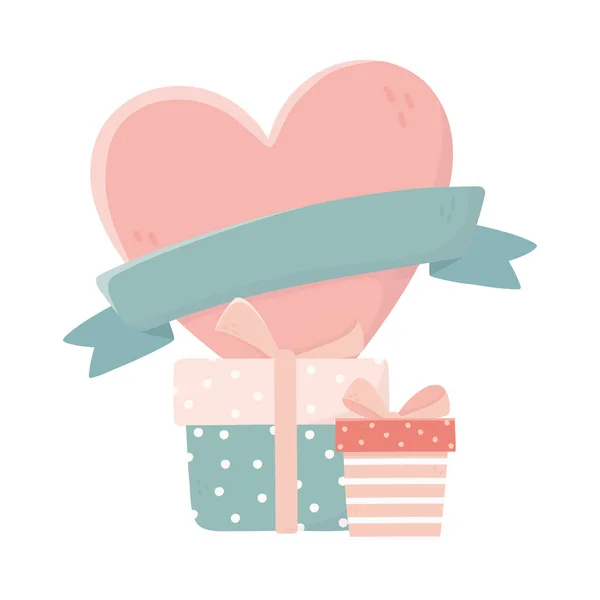 Feliz día de las cajas de regalo lindas y el corazón de amor — Vector de stock
