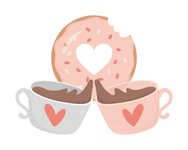 Boldog Valentin nap édes fánk és kávéscsésze szerelem szív — Stock Vector