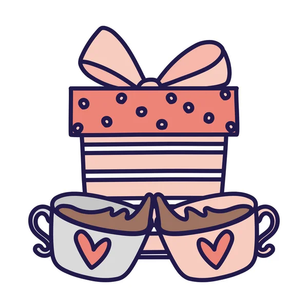 Happy valentines jour décoration boîte cadeau et tasses à café amour romantique — Image vectorielle