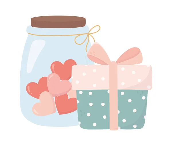Feliz día de regalos y tarro de vidrio con corazones amor — Vector de stock