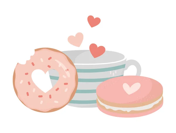 Happy valentines day coffee cup cookie and donut dessert love — Stock Vector