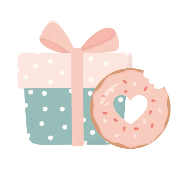 Happy valentines day dotted gift box and bite donut dessert — ストックベクタ