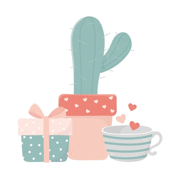 Feliz día de las cactus de café y caja de regalo. — Vector de stock