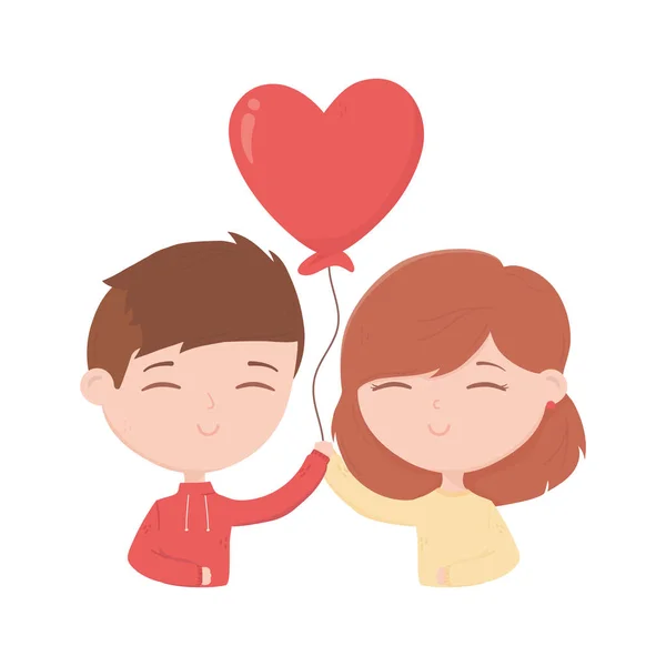 Happy valentines day cute young couple with balloon heart card — Stockvektor