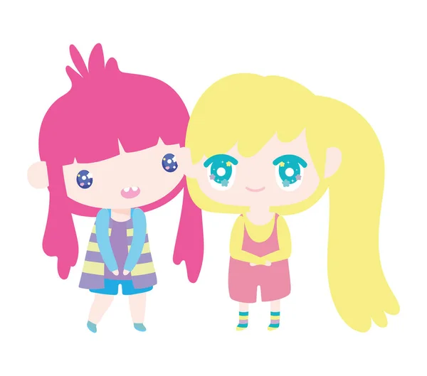 Kids, cute little girls anime cartoon characters — Stok Vektör