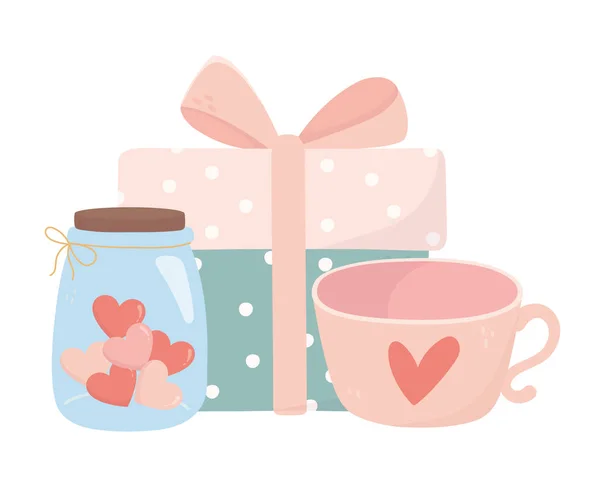 Happy valentines day gift box coffee cup and jar glass heart love card — Stock Vector