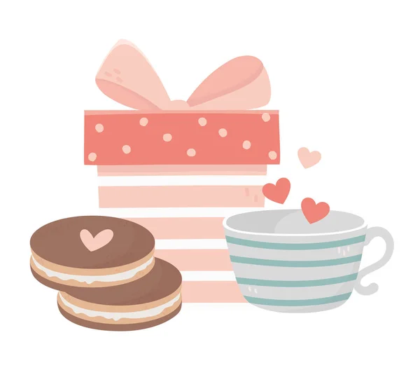 Happy valentines day gift box cookies and coffee cup love — стоковый вектор