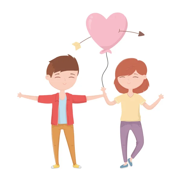 Happy valentines day couple with balloon pierced arrow heart card — Διανυσματικό Αρχείο