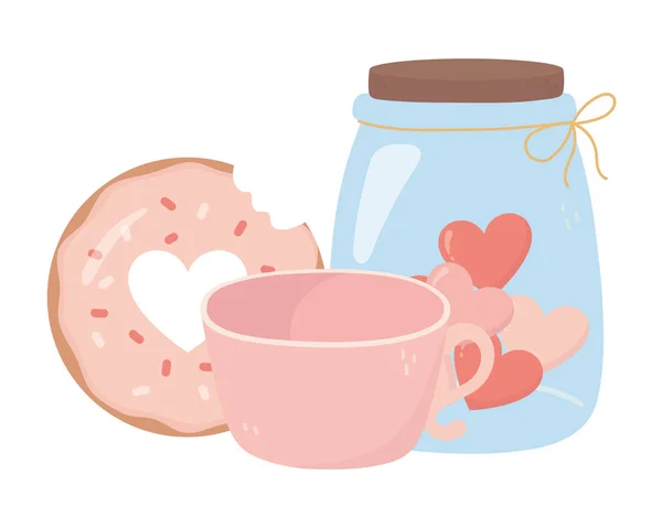 Happy valentines day sweet donut coffee cup jar glass heart love card — Image vectorielle