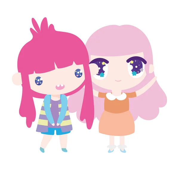 Kids, cute little girls anime cartoon characters — Stockvektor