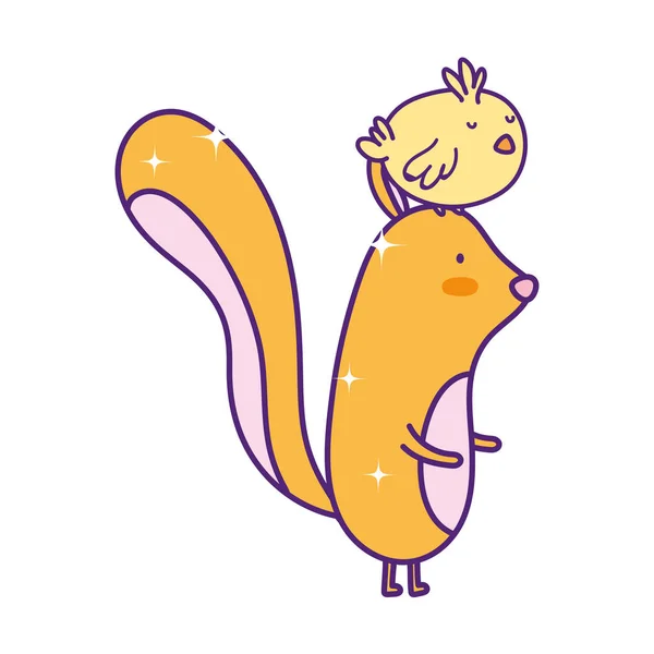 Cute little squirrel with chicken in head cartoon — 스톡 벡터