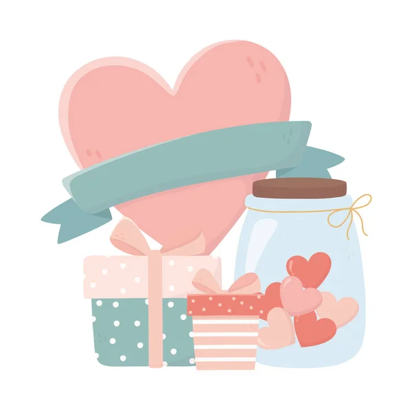 Happy valentines day gift boxes and jar glass with hearts love — Vector de stock