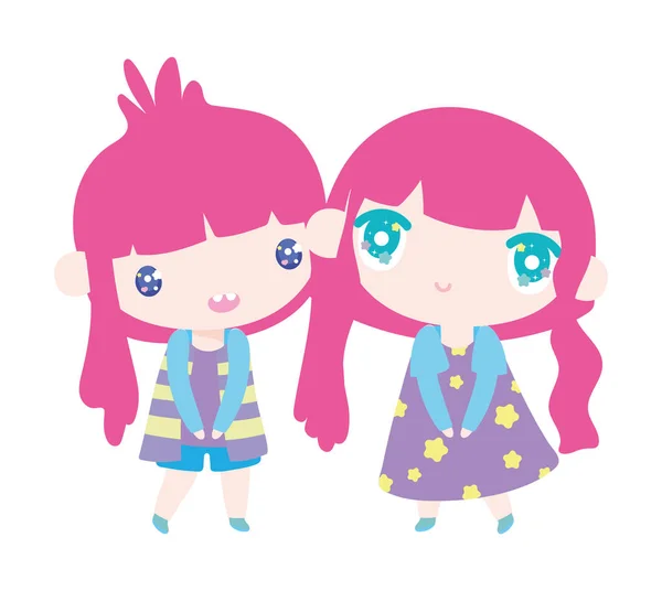 Kids, cute little girls anime cartoon characters — 图库矢量图片