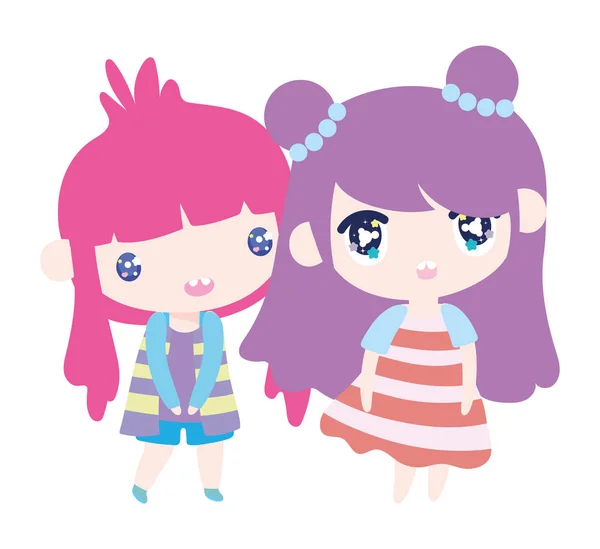 Kids, cute little girls anime cartoon characters — Stok Vektör