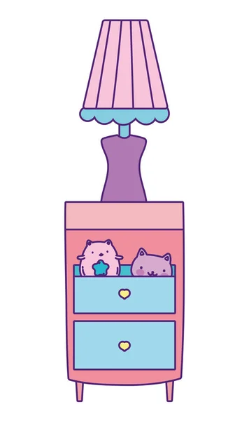 Meubles de table de chevet avec lampe et jouets faces de chat — Image vectorielle