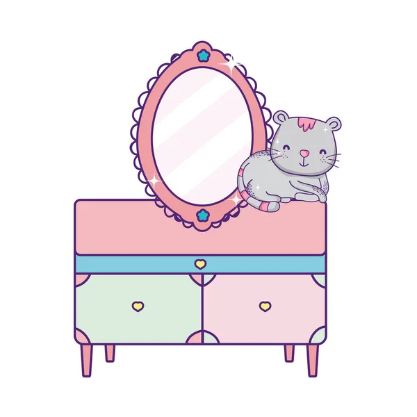 Bonito gato sentado no gavetas móveis e espelho — Vetor de Stock
