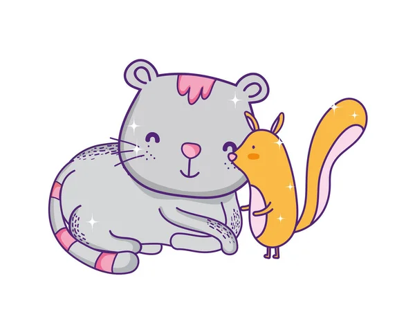 Cute little squirrel and gray cat catoon animals — Stockový vektor