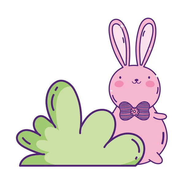 Cute pink rabbit with bow tie bush nature — Διανυσματικό Αρχείο