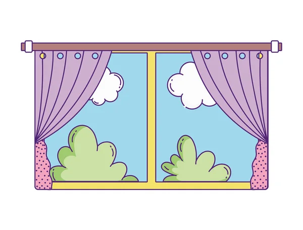 Window curtains bushes nature sky clouds on white background — Stockvektor