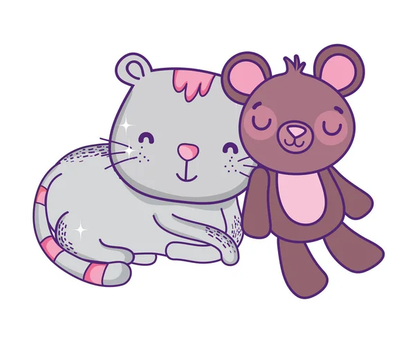 Cute toys kids gray cat and teddy bear — Vetor de Stock